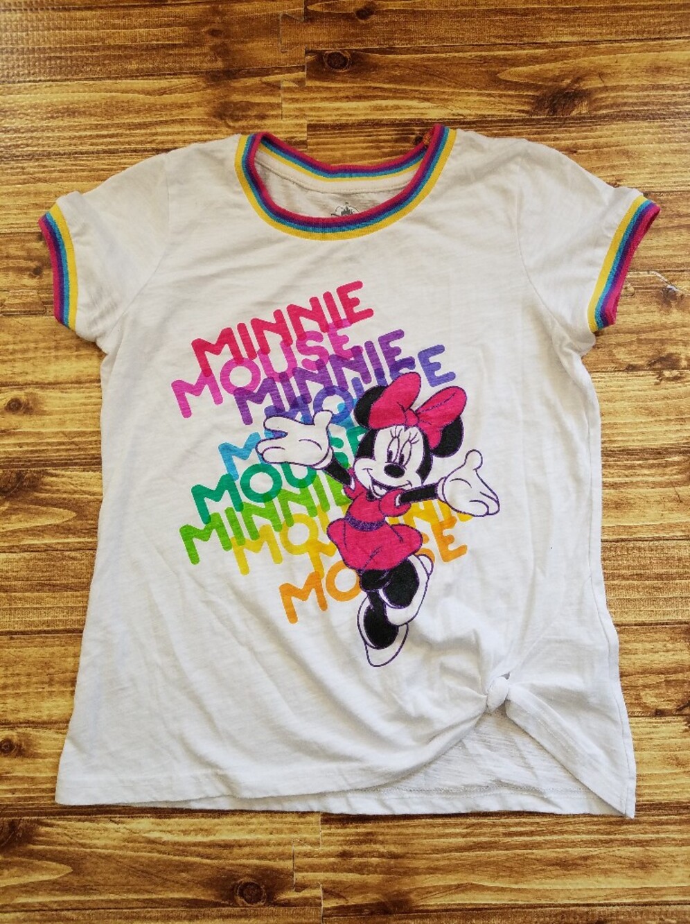Disney Minnie Mouse Rainbow Ringer Tee Girls Size L 10/12 White Knot Front